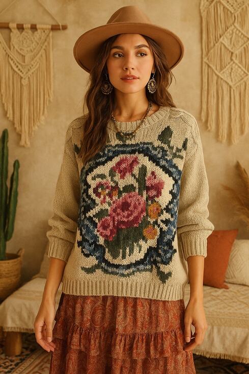 Vintage Sweaters - Vintage One Step Up Womens Chunky Sweater Size M Hand Knit Floral Graphic Boho